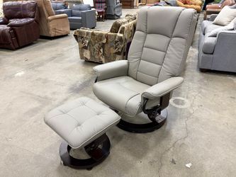 Grey Leather Stressless Swivel Recliner with Ottoman and Cherry Finished Wooden Base