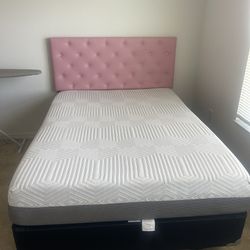 Full size bed with mattress, boxspring, frame, and headboard