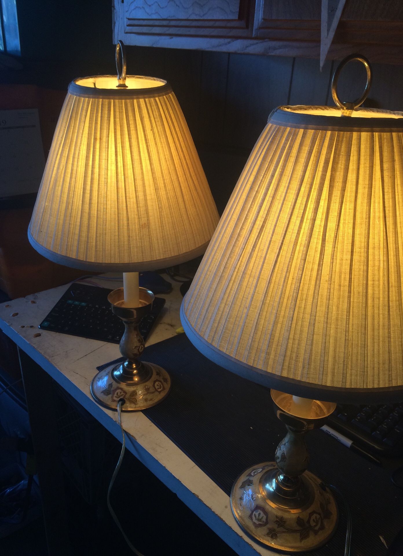 Antique WESCAL brass lamps with original shades
