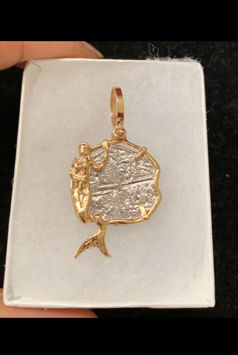 Atocha silver coin pendant in gold mermaid bezel