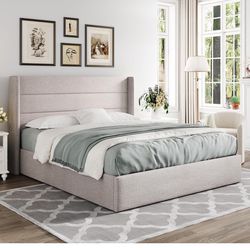 Full Size Bed Frame With Storage Beige Fabric