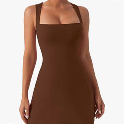 Qinsen Brown Square Neck Dress Size M