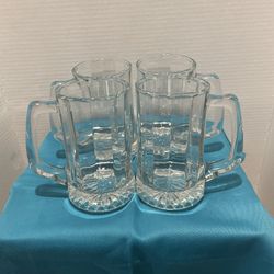 Four Vintage Beveled Heavy Glass Stein Mugs