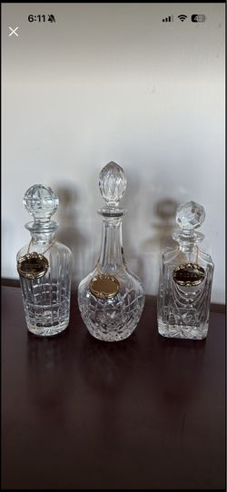 Set of 3 Crystal Liquor Decanters with Brass Tags