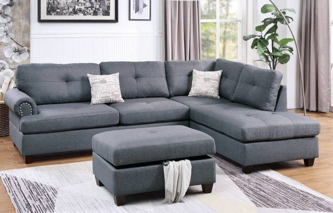 Brand New Blue Grey Sectional Sofa With Storage Ottoman