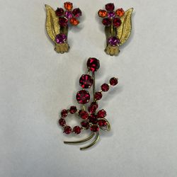 Vintage Red Brooch & Made in Austria Earrings