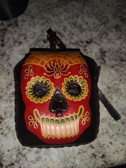 Handmade leather sugar skull wristlet coin purse