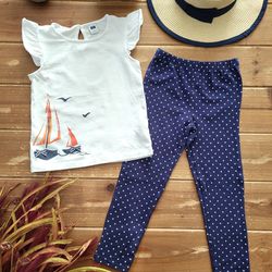 4T 2-PIECE OUTFIT WHITE JANIE AND JACK SAILBOAT TOP W/NAVY & POLKA-DOT LEGGINGS 