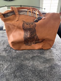 Tan Leather Tote with Cat Print