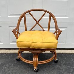 Vintage Mid Century BoHo Chic Cane Rattan Bamboo Swivel Rolling Rocker Lounge Accent Arm Chair