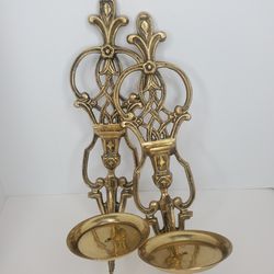 Pair of Vintage Brass Intricate Detail Wall Sconce Candle Holders 14" Gold Color