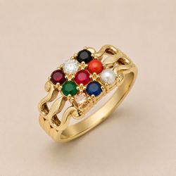 Gold Plated 9-Stone Navratna Gemstone Ring Sz 9.75