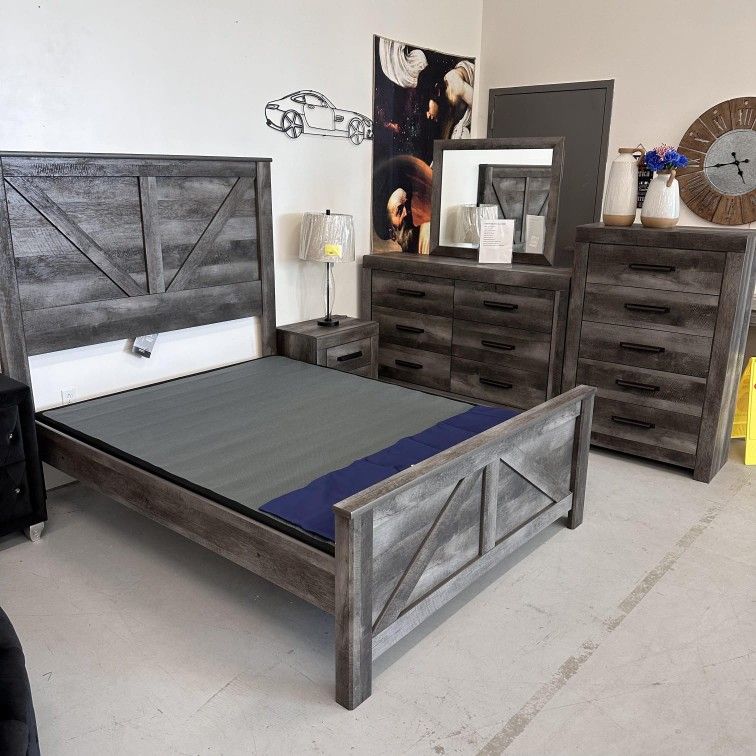 Gray 5 Pcs Bedroom Set Queen or King Bed Dresser Nightstand Mirror Chest Wynnlow