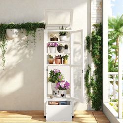 NEW White Wood Garden Greenhouse Balcony Portable Mini Cold Frame With Movable Storage Box, Adjustable Shelves And 1 Drawer