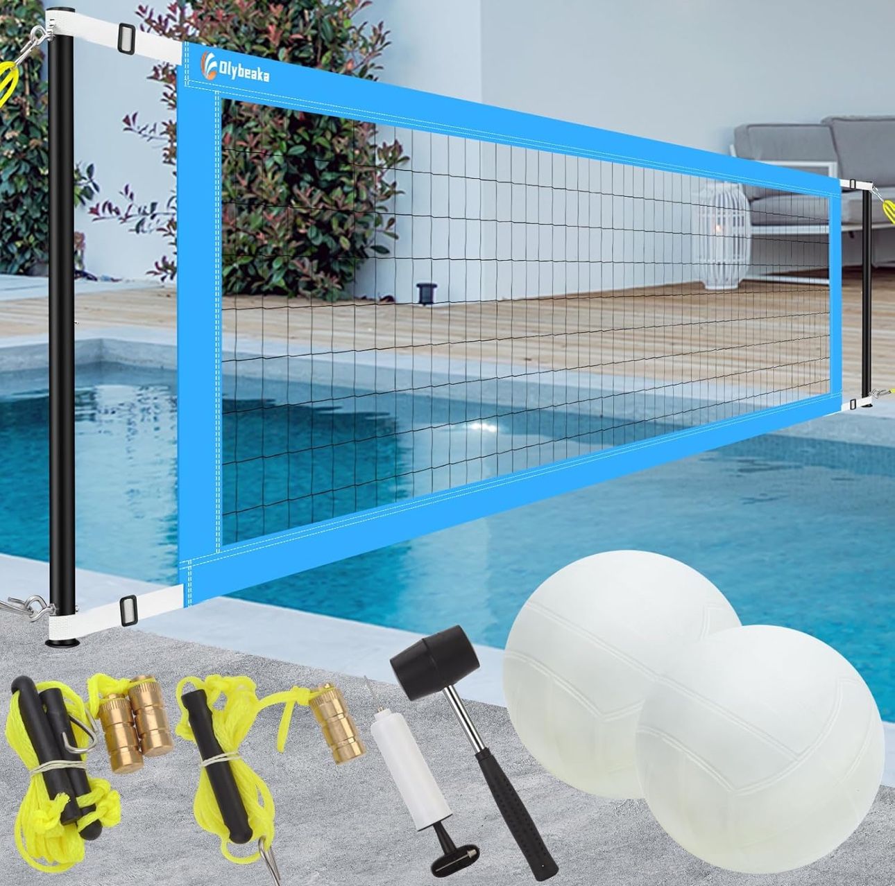 15ft-25ft Adjustable Pool Volleyball Net Set with Anchor and Hammer, Portable Outdoor Volleyball Net for Pool, Water Volleyball Games Toy for Backyard