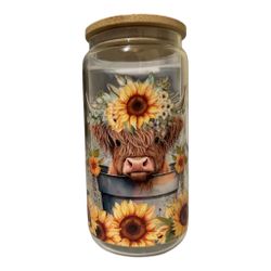 Highland Cow Glass Cup W/ Bamboo Lid