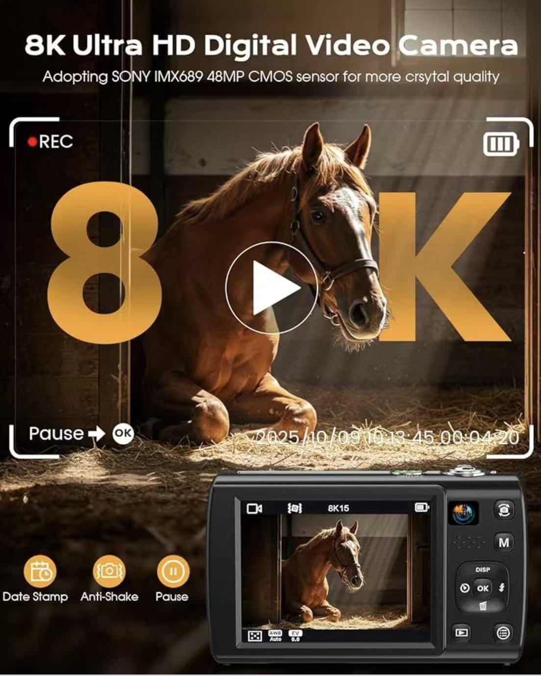 WiFi 8K Super Digital Camera Touch Screen, Autofocus Anti-Shake, 16X Zoom 2 batteries