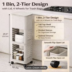 3 Tier Rolling Utility Cart Organizer, Features flip-open lid trash can and 360-degree rotating wheels. Stable and Sturdy Rolling Storage Carts for Ba