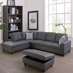 Grey Leather Sectional Couch Set And Ottoman