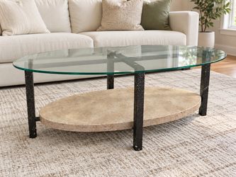 Oval Glass Top Coffee Table with Stone Shelf