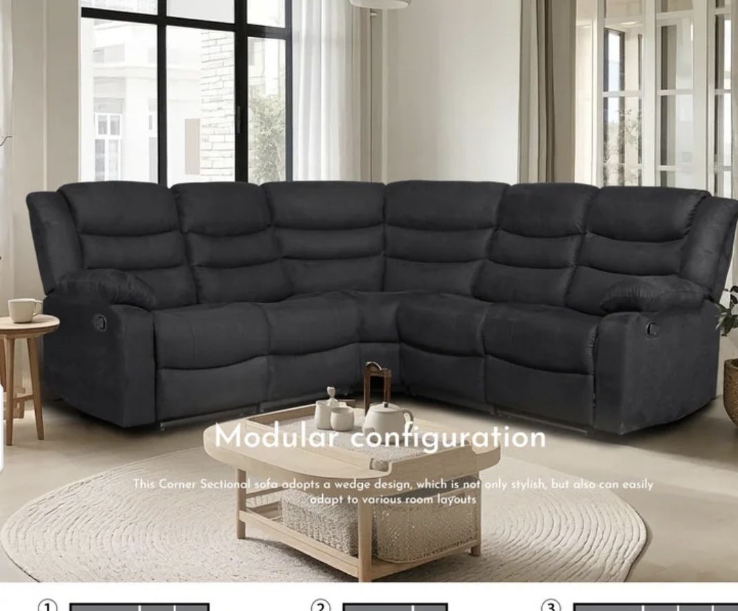 New Black Leather Fully Reclining Sectional Couch 