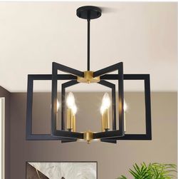 22" Black and Gold Chandelier,6-Light Geometric Dining Room Fixture,Modern Industrial Foyer Lighting Fixtures, Rustic Farmhouse Hanging Pendant Lights