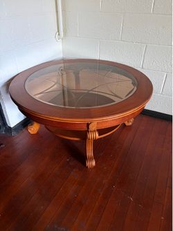 Round Wood Coffee Table with Glass Insert Top