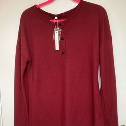 WNEEDU Waffle Knit Tunic Loose Long Sleeve Button V Neck Henley Wine Red Size M