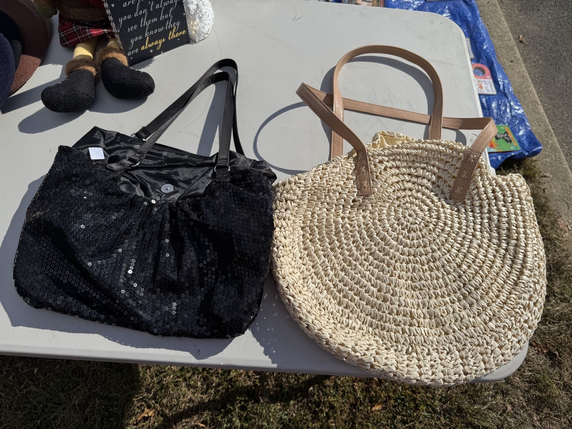 2 Like New WOMENS Tote Handbags- 1 Black Sequin & 1 Straw