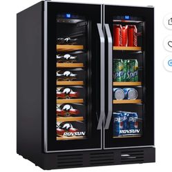 34 Bottles Dual Zone Wine Cooler, Beverage Cooler Refrigerator, 24'' Wine Chiller with Glass Door & Digital Temperature Control, Freestanding or Built
