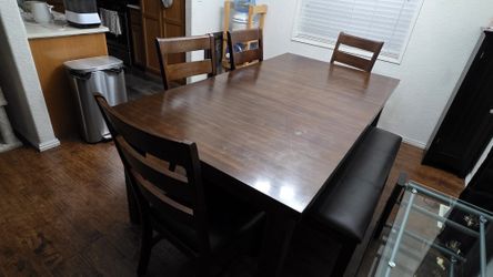 Dark Brown Extendable Wooden Table Set With 4 Chairs, Bench With Black Padding 42x78x30