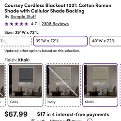 Coursey Cordless Blackout 100% Cotton Roman Shade with Cellular Shade Backing