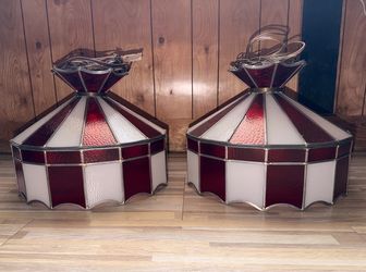 Vintage Pair of Red & White Striped "Circus Tent" Slag Glass Swag Lamp