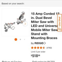 12 " Ridged Miter Saw And Matching Ridgid Table Saw Both With Stands Pictured 