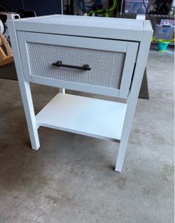 White Nightstand with Cane Drawer and Shelf
