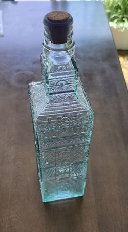 Vintage Aqua Glass Cathedral / Building Figural Bottle w/ Cork Stopper – Architectural Design