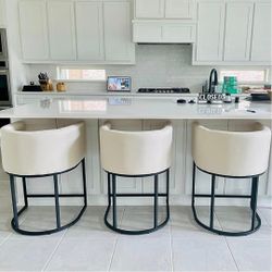 Counter Height Bar Stools Set of 3, Modern Barrel Counter Stools with Backrest and Arms, Black Metal Frames, Linen Fabric Upholstered Accent Barstools