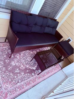 Patio furniture table and outdoor rug