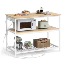 VASAGLE Kitchen Island with 3 Shelves, Kitchen Shelf with Power Strip, 23.6 x 47.2 x 34.9 Inches, Large Worktop, Steel Structure, Industrial, Easy to 