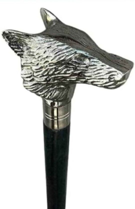 NEW! Wolf Head Walking Stick 36" Silver/Black