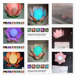 Floating Lotus Flower w/Pink Petals Bath Spa Light 16 Color 5hr/USB-C Charge