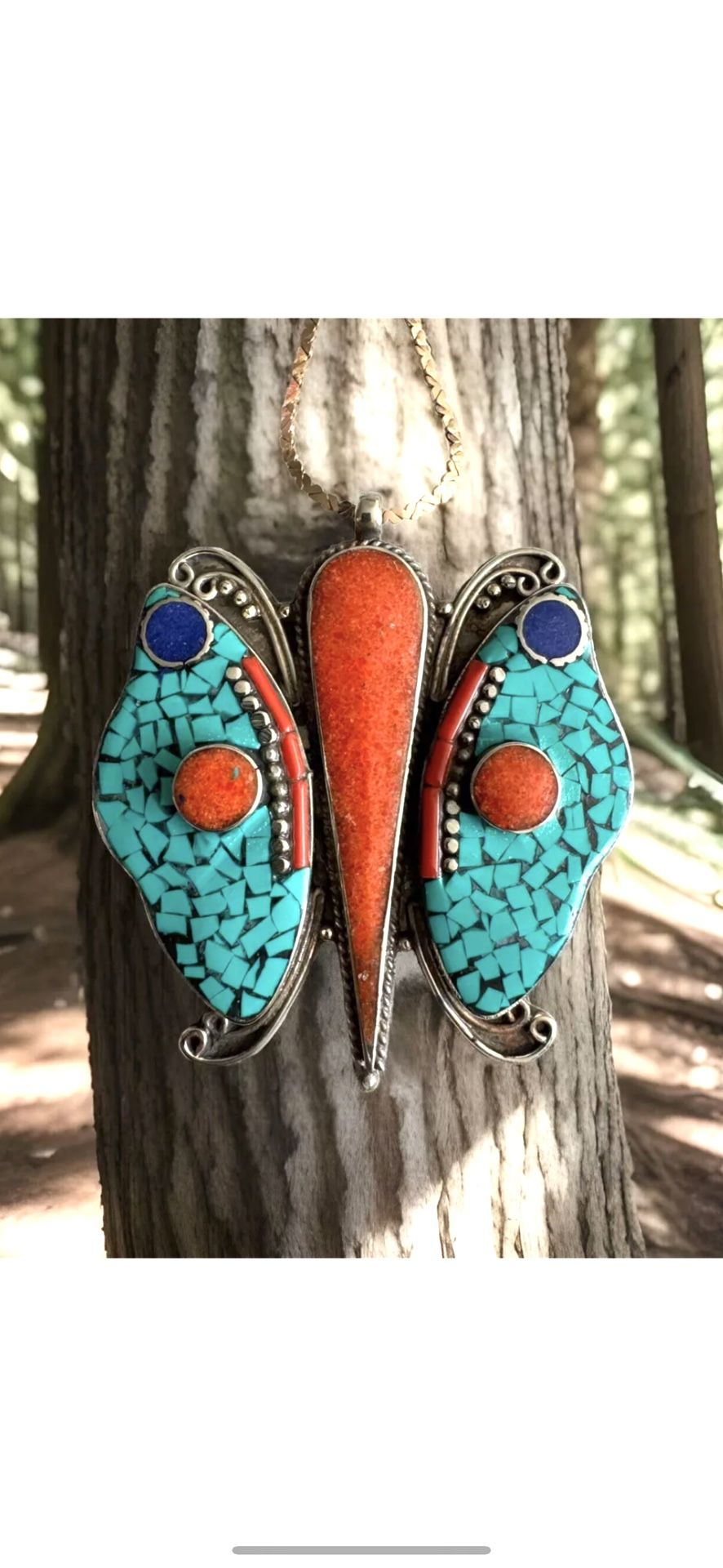 Stunning Handcrafted Colorful Butterfly Theme Pendant inlay stone set in Tibetan sterling silver 3”inch tall🔥