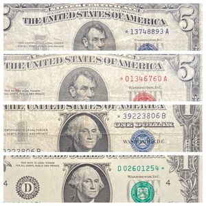 Photo Four STAR Replacement Notes Nice 1953 Silver Cert $5, 1963 Red Seal $5, 1957 B $1, 2013 UNCIRCULATED $1 Great Group! All #STAR# Notes!