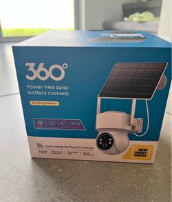 Wireless 360 solar battery camera. Camera is white, solar panel is black. No wiring needed. Has PIR human detection, dual light, voice intercom, and 1
