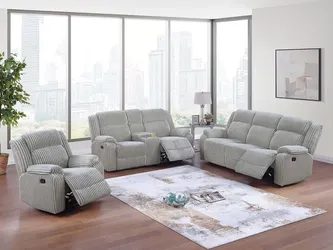 Brand New Grey Corduroy 3pc Reclining Sofa Set