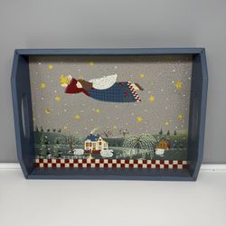 Vintage Christmas angel folk art serving tray with handles featuring a Winter snow scene. 