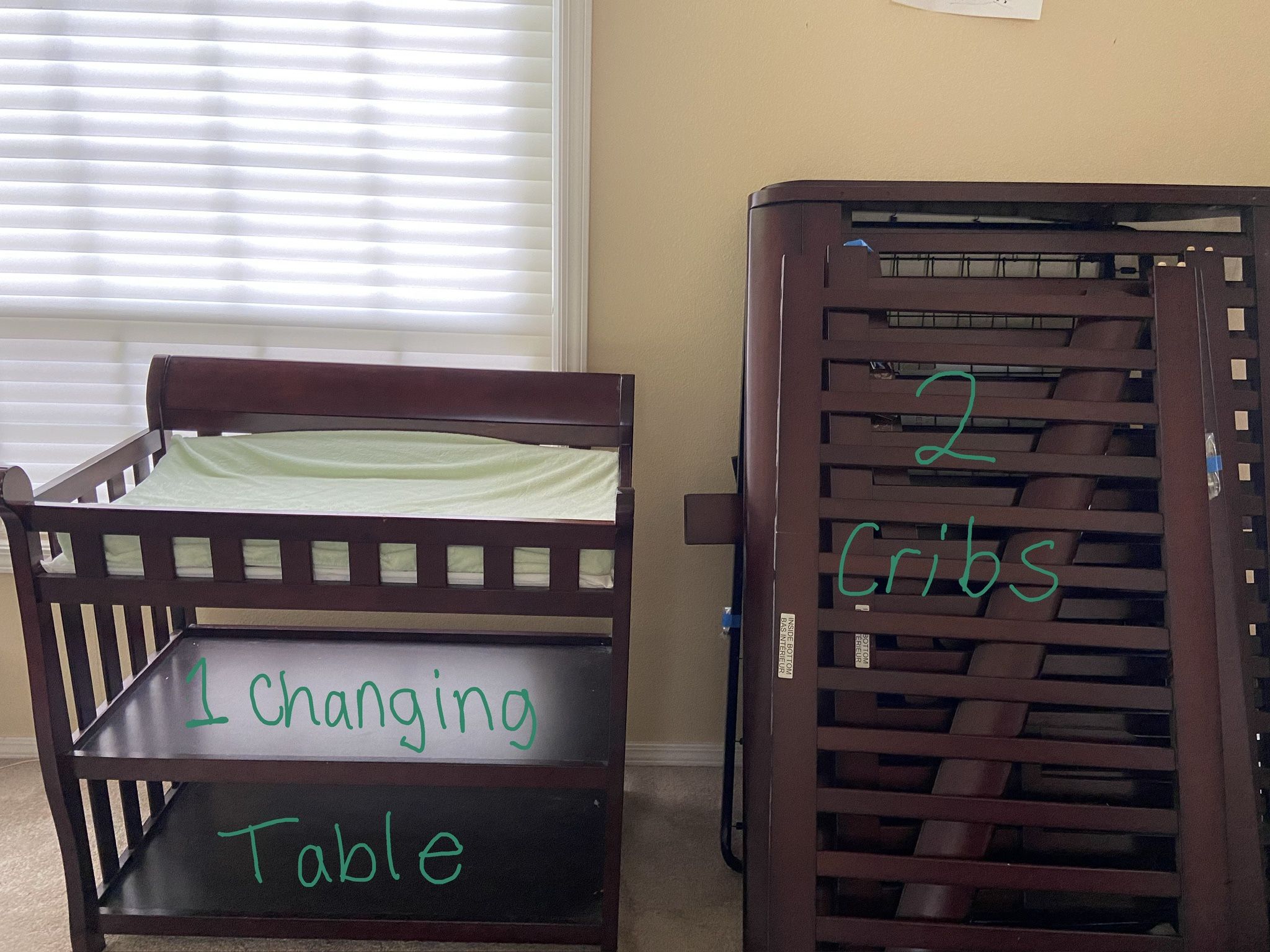 Matching cribs and changing table for sale as a set