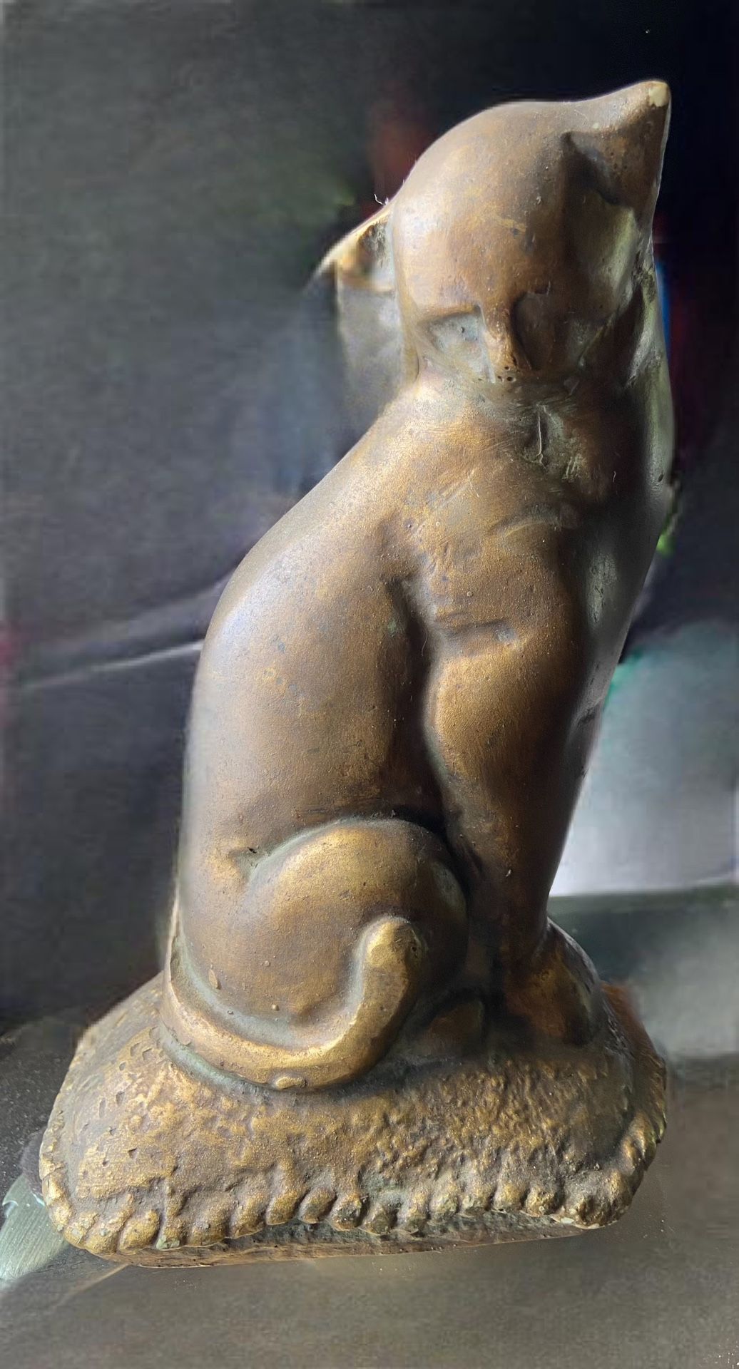 Majestic Bronze Sitting Cat Art Sculpture / Figurine on a Base circa 1980s