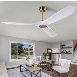 60" Ceiling Fan with Remote Control No Lights,Modern Reversible DC Motor Indoor Outdoor 3 Blades Ceiling Fans for Patio Bedroom Living Room(Gold+White