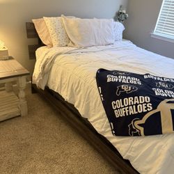 Queen Bed Frame, Mattress, Box Spring, Rustic Nightstand and Lamp-Complete Bedroom Set